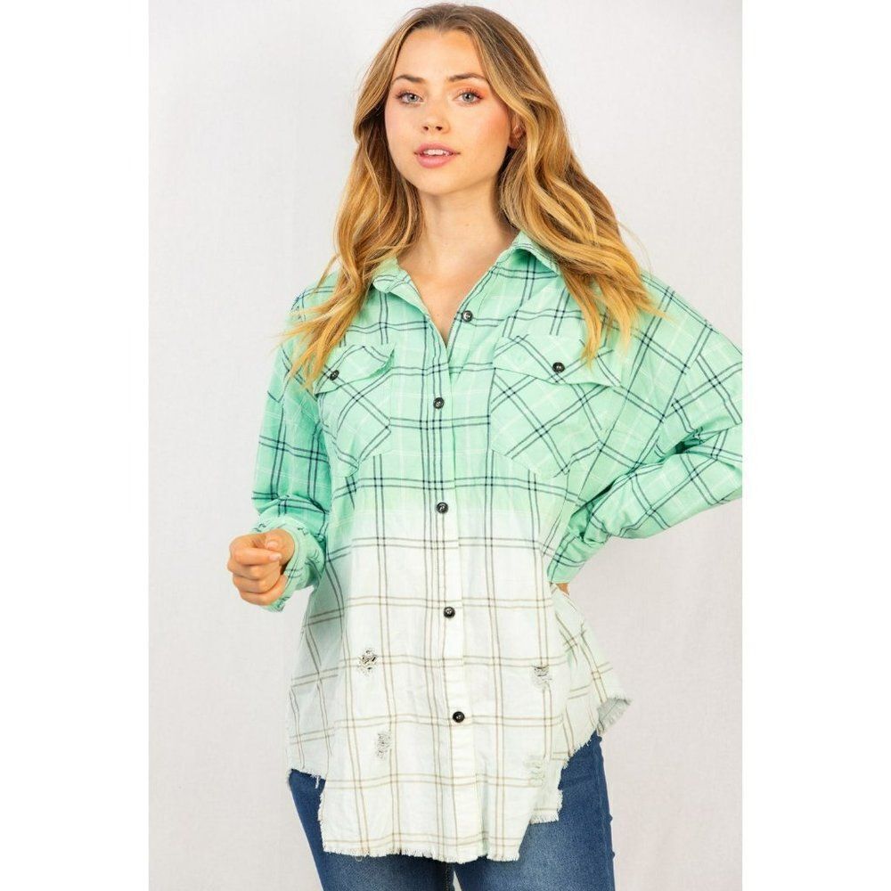 SALE! WHITE BIRCH Mint Ombre Shirt Jacket Shacket Long Sleeve Button Up T23372XL